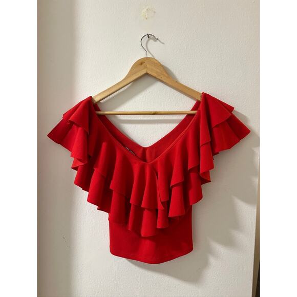 Nylon Apparel Women’s Red Ruffle Off Shoulder Top – Size Small, Made in USA - Picture 2 of 3